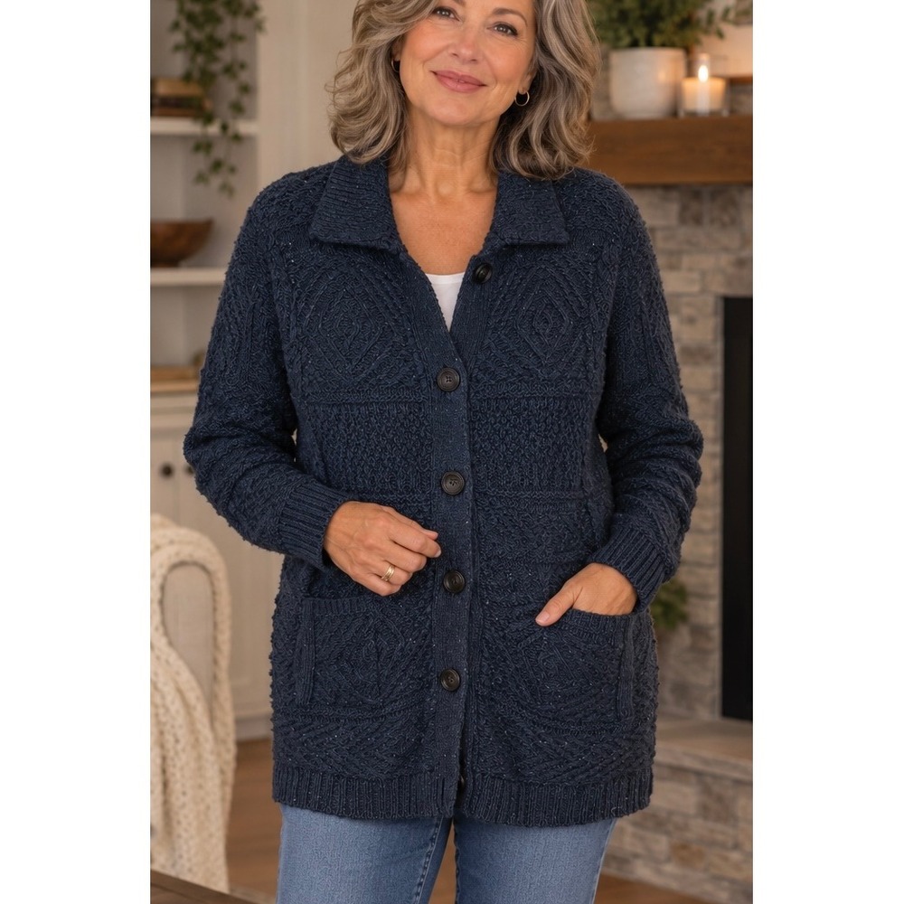 J. Jill Navy Blue Wool Blend Cardigan M Cable Knit Button Front Longline Sweater